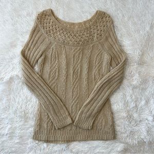 Loft tan cable knit sweater jewel neckline open knit Sz XS